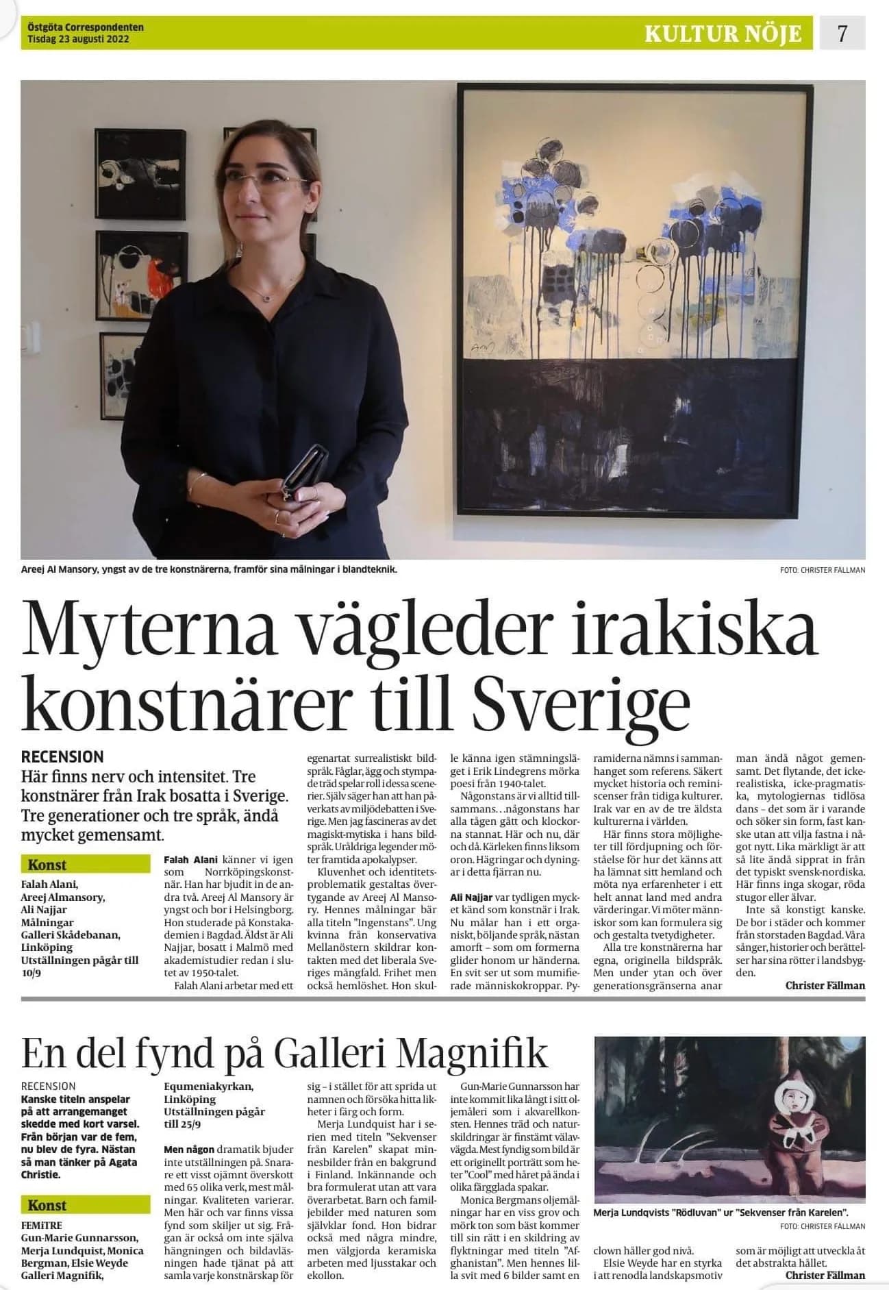 Östgöta Correspondenten culture page dated 23 August 2022, headlined “Myterna vägleder irakiska konstnärer till Sverige”, with a photograph of Areej Almansory standing in front of her mixed-media painting.