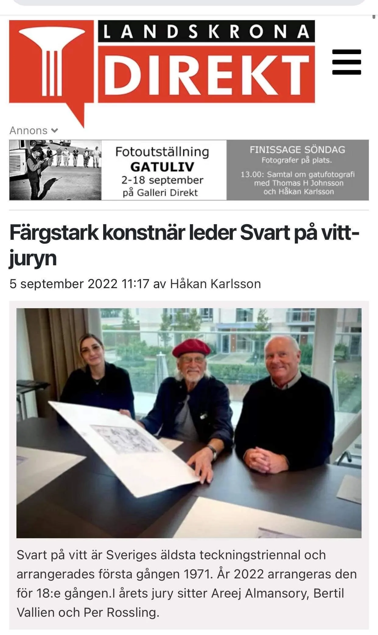 Landskrona Direkt article dated 5 September 2022, headlined “Färgstark konstnär leder Svart på vitt-juryn”, with a photograph of Areej Almansory seated at a table with two other jury members examining a drawing.