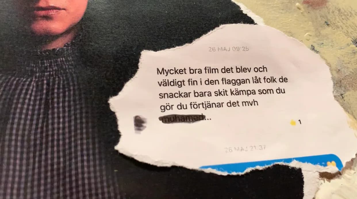 Close-up of a collage panel: a torn paper fragment printed with a Swedish message and a timestamp, the sender's name blacked out, mounted over a photograph of the artist's collar and chin.